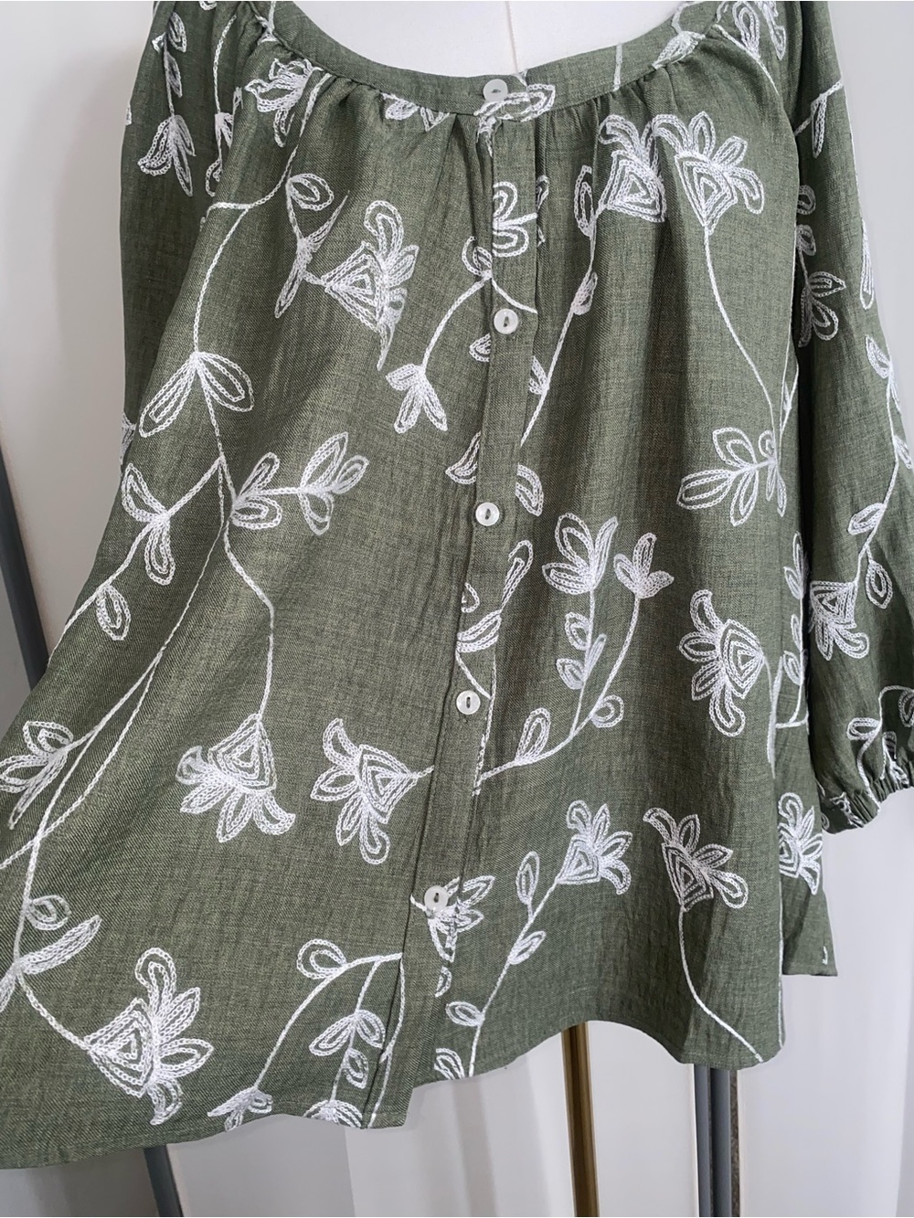 Olivia & Martin Womens 3X Olive Green Embroidered Floral Boho Peasant Blouse NWT
